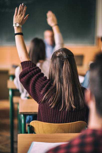 istock Rear view of high school students with raised arm. 694354934