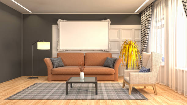 istock mock up poster frame in interior background. 3D Illustration 694357382