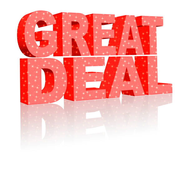 istock Great Deal - shiny starst Red 3D Text with reflection. Isolated against the clear white Background 694358068
