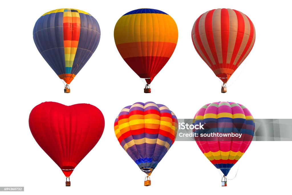 Group hot air balloons isolated on white background Hot Air Balloon Stock Photo