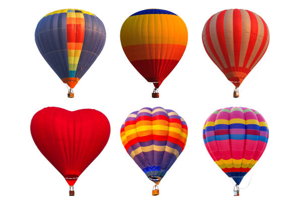 group hot air balloons isolated on white background - balloon blue bunch cheerful imagens e fotografias de stock