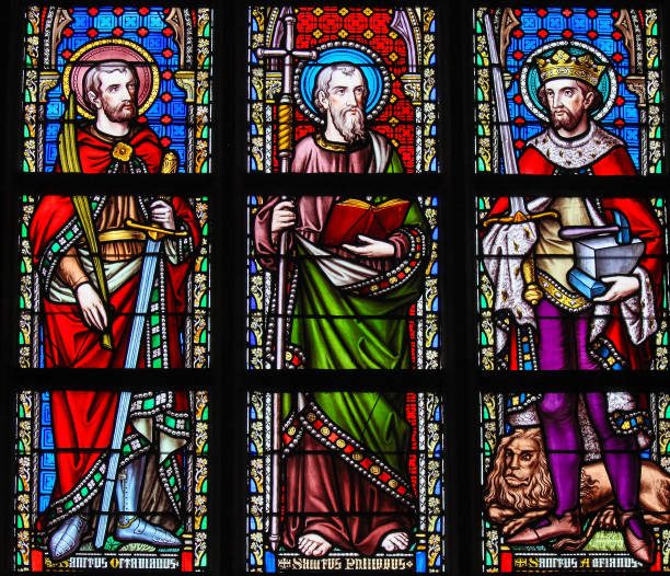Stained Glass in the Church of Our Blessed Lady of the Sablon in Brussels, Belgium, depicting Catholic Saints