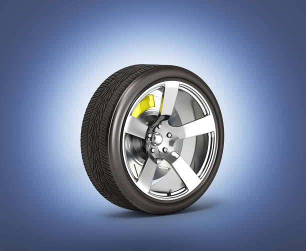 istock Car wheel with brake isolated on dark blue gradient background glows in the dark 3d 694364596
