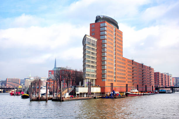 Hamburg, Germany - FEBRUARY 16, 2017: panoramic view of red brick Hamburg buildings and river Elbe