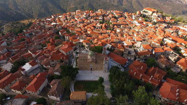 Aerial drone photo of traditional village of Arachova, Voiotia, Greece stock photo