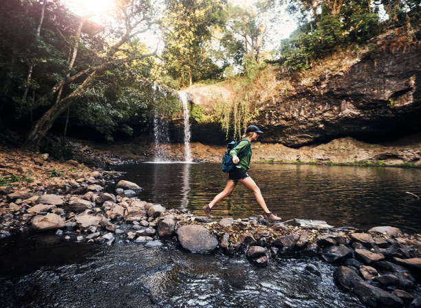 a sólo unos pasos más hasta la cascada - rainforest waterfall australia forest fotografías e imágenes de stock