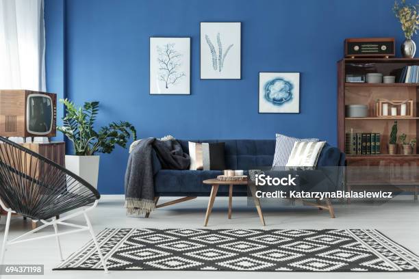 Blue Uptodate Lounge Stock Photo - Download Image Now - Painting - Art Product, Living Room, Blue