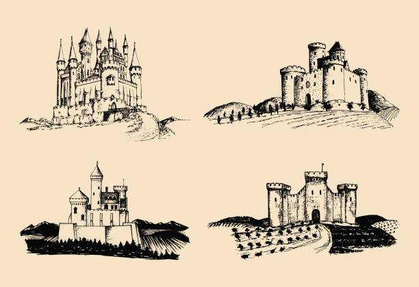 ilustrações, clipart, desenhos animados e ícones de vetor antigo castelos ilustrações conjunto. mão-extraídas arquitectónicas paisagens das antigas torres com rurais campos e colinas. - fort