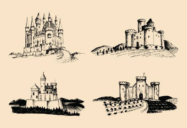 Vector old castles illustrations set. Hand drawn architectural landscapes of ancient towers with rural fields and hills. Vector old castles illustrations set. Countrysides with gothic fortresses. Hand drawn architectural landscapes of ancient towers with rural fields and hills. moated castle stock illustrations