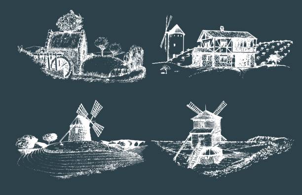 istock Hand drawn old rustic mills images.Vector rural landscape illustrations set. European countryside sketches for posters. 694372182