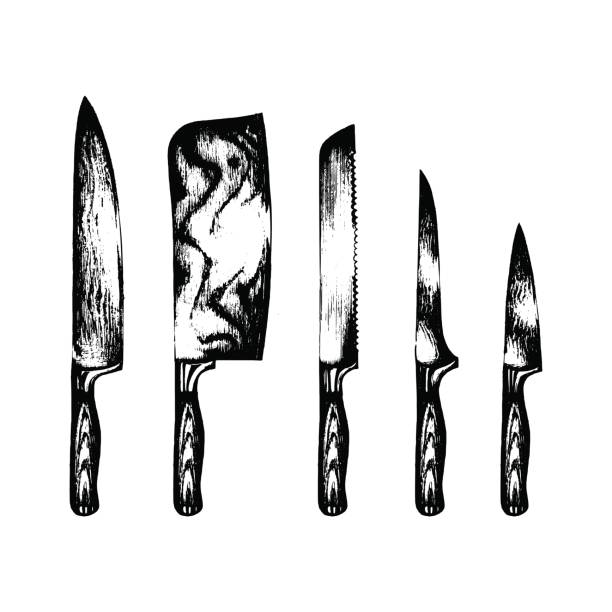 Vector hand drawn kitchen,chefs knives set.Butchers tools illustration.Sketches collection for butchery, restaurant etc. Vector hand drawn kitchen or chefs knives set. Butchers tools illustration. Cutlery sketches collection for shop, butchery, restaurant, cafe etc. butcher illustrations stock illustrations