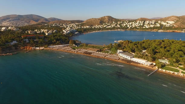 Aerial drone video of famous Astir beach in Athens Riviera, Attica, Greece stock photo