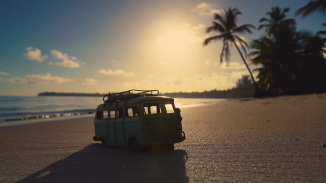 Beautiful tropical island beach sunrise and car miniature, Punta Cana