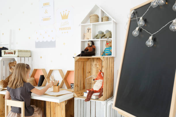 istock Nordic room with handmade desk 694389308