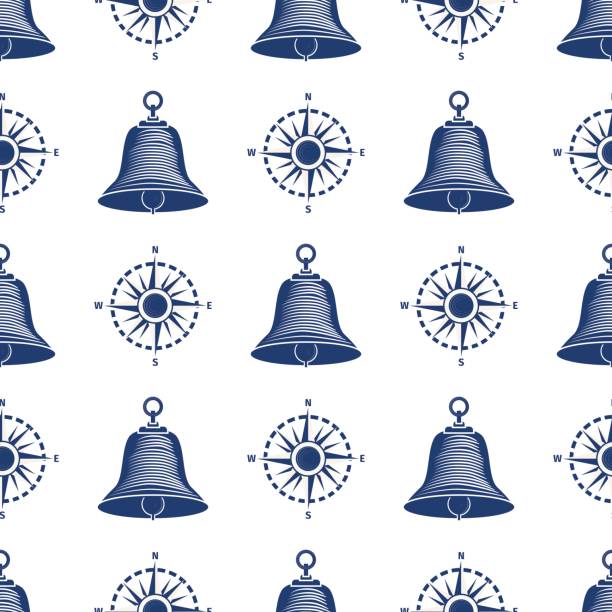 Ship helm seamless pattern marine boat wheel. Ship helm seamless pattern marine boat wheel. Vector yacht boat navigation blue texture. Background with silhouette of steering wheel illustration bellcaptain stock illustrations