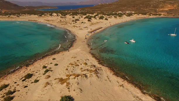 Aerial drone photo of iconic beach of Simos with turquoise waters, Elafonisos island, South Peloponnese, Greece stock photo
