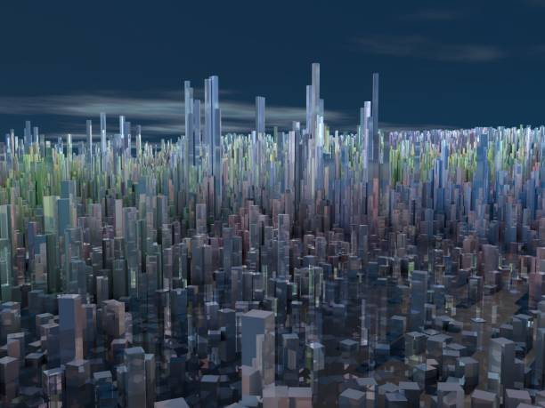 istock Future cities, skyscrapers, science fiction, histograms, sound waves, world 694399928