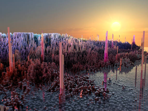 istock Future cities, skyscrapers, science fiction, histograms, sound waves, world 694402162