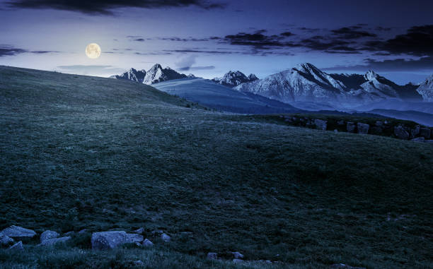 istock meadow with huge stones on top of mountain range at night 694405542