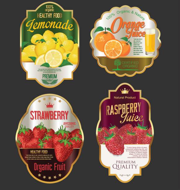 Golden labels for organic fruit product Golden labels for organic fruit product insignia healthy eating gold nature stock illustrations