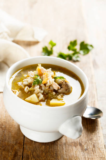 Soup Soup with barley and chicken hearts celery heart stock pictures, royalty-free photos & images