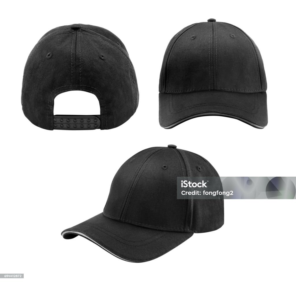 Black cap isolated on white background back front and side view white cap isolated on white background Baseball Cap Stock Photo