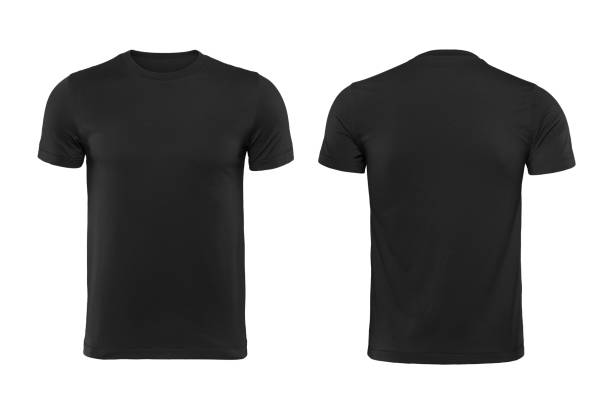 schwarzes t-shirt, vorne und hinten isoliert auf weißem hintergrund mit beschneidungspfad - t shirt stock-fotos und bilder