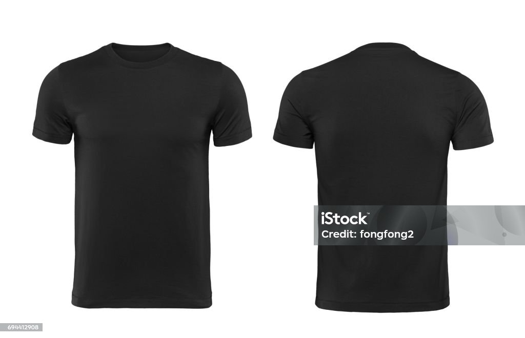 T-shirt preta, frente e verso isolado no fundo branco com traçado de recorte - Foto de stock de Camiseta royalty-free