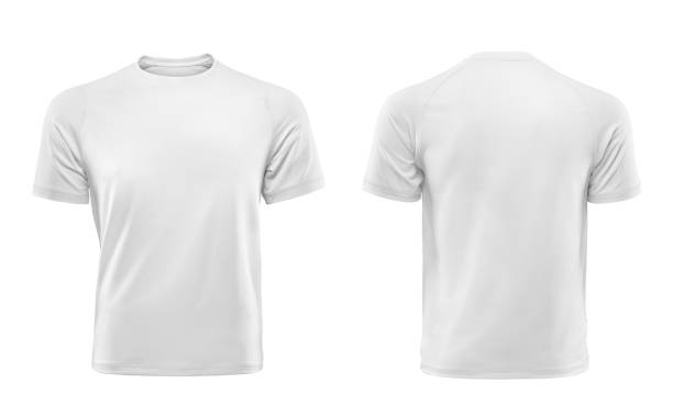 camiseta blanca, frente y dorso aislado sobre fondo blanco - camiseta fotografías e imágenes de stock