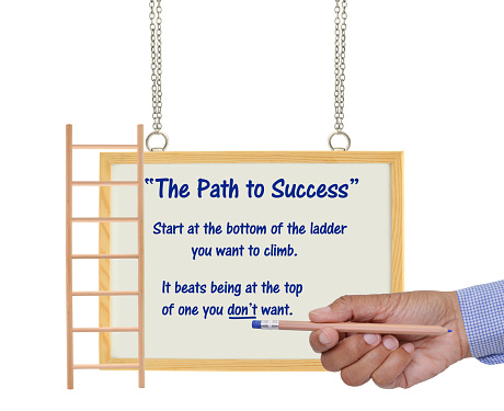 The path to success, start at the bottom of the ladder you want to climb. It beats being at the top of one you don't want written on white board with hand pointing pencil to message. isolated on white background