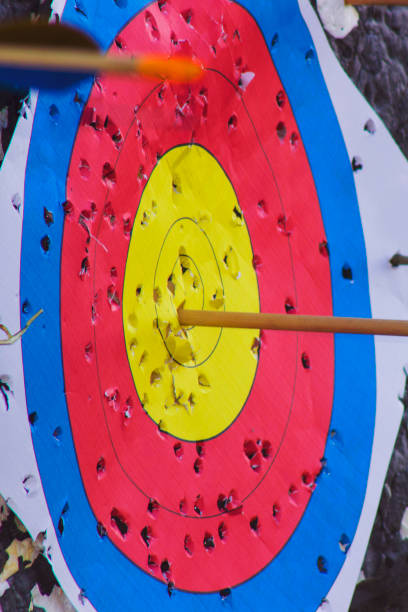 istock Archery target with arrow in the bullseye 694421658