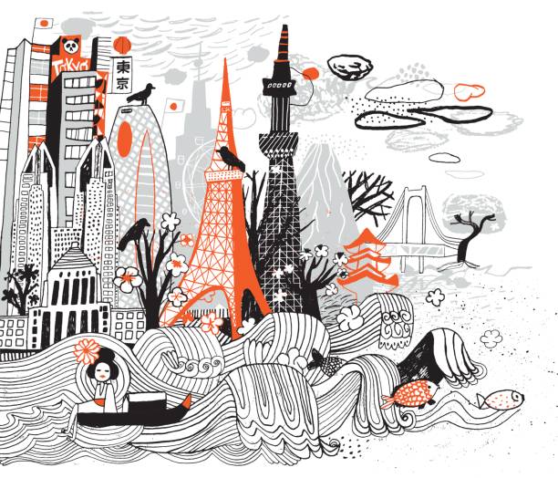 illustrazioni stock, clip art, cartoni animati e icone di tendenza di tokyo - tokyo prefecture japan skyline japanese culture
