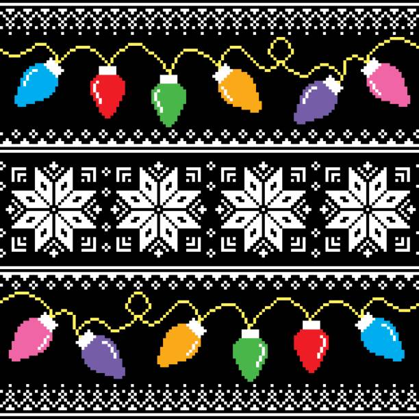 Ugly jumper pattern with Christmas tree lights Winter, Xmas seamless design on black background christmas sweater stock illustrations