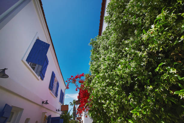 Cozy cute view of Mediterranean village touristic route sea side town stock photo