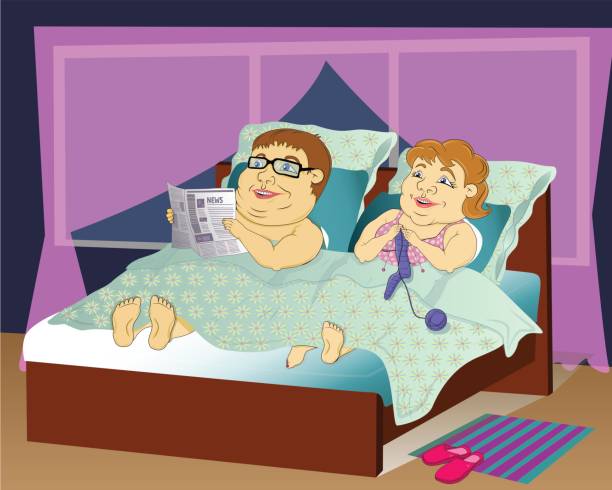 illustrazioni stock, clip art, cartoni animati e icone di tendenza di persone grasse a letto - mattress newspaper reading bed