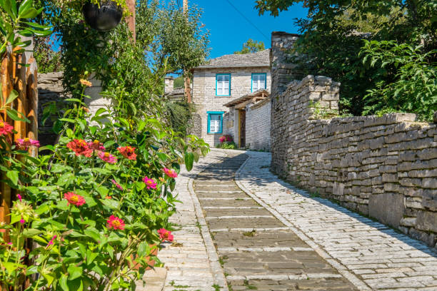 Street in Monodendri village. Zagoria, Greece stock photo