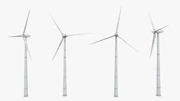 Computer generated 3D illustration with wind turbines isolated on white background