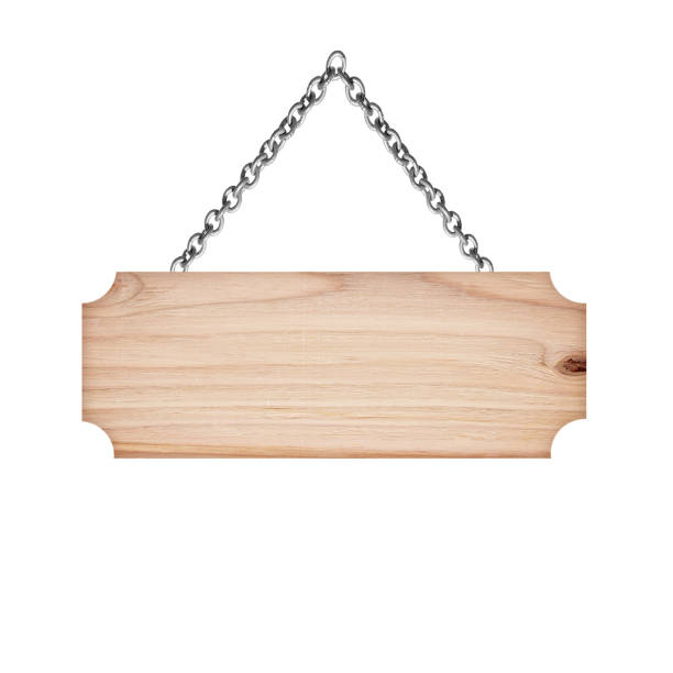 istock Wooden sign hanging on a chain isolated on white background 694438216