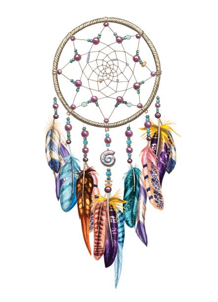 handgezeichnete verzierten dreamcatcher mit federn, edelsteine. astrologie, spiritualität, magisches symbol. ethnische tribal element. - dreamcatcher stock-grafiken, -clipart, -cartoons und -symbole