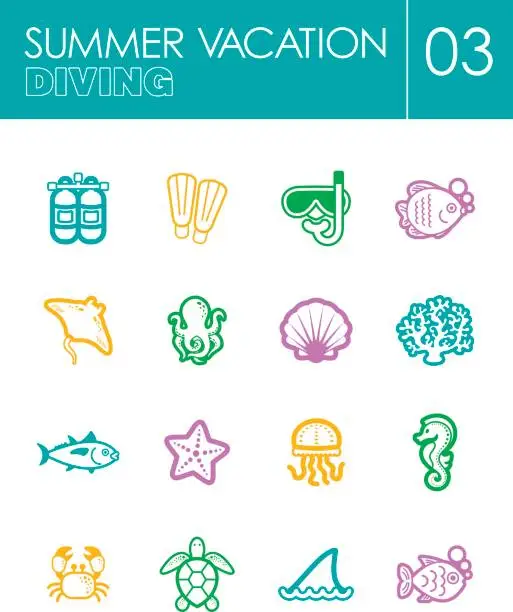 Vector illustration of Diving icon set. Summer. Vacation