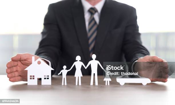 Concept Of Home Family And Car Insurance Stock Photo - Download Image Now - Insurance Agent, Assistance, Car