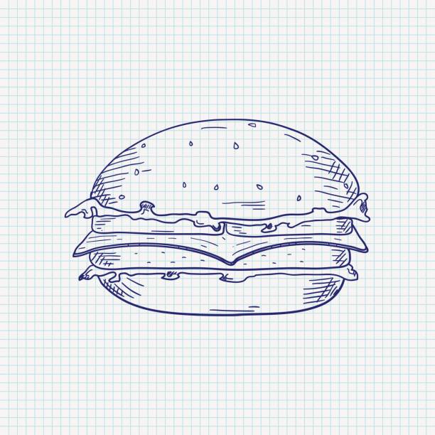Burger. Hand drawn sketch Burger. Hand drawn sketch. Blue vector illustration on notebook sheet background beef pad stock illustrations