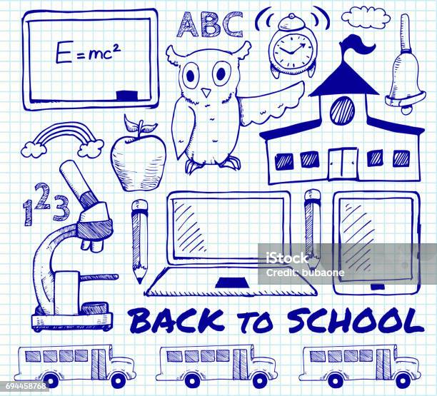 Education Back To School Vector Hand Drawings On Graph Paper Stock Illustration - Download Image Now