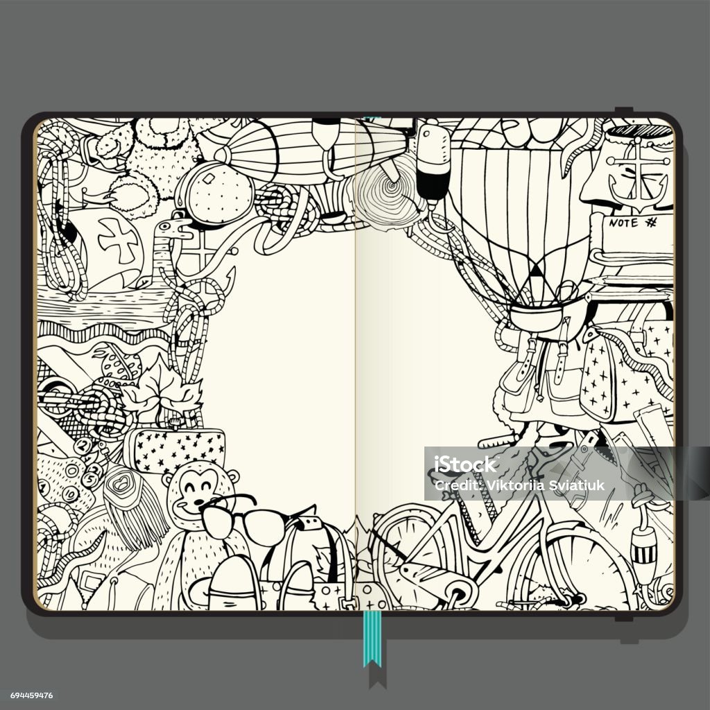 Summer Vacation Items. Adventure time concept. Hand Drawn Black and White illustration in Doodle Style. Vector Notebook with Shadows and Hand Drawn Doodles. Image Montage stock vector
