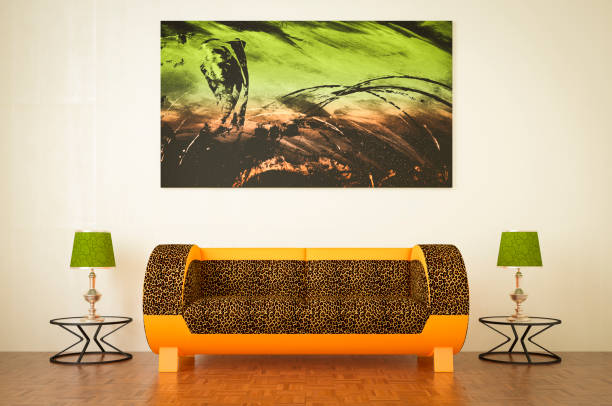 Digitally generated stylish and cozy living room interior/hotel room with sofa, classic table lamps and an abstract paiting on the wall.