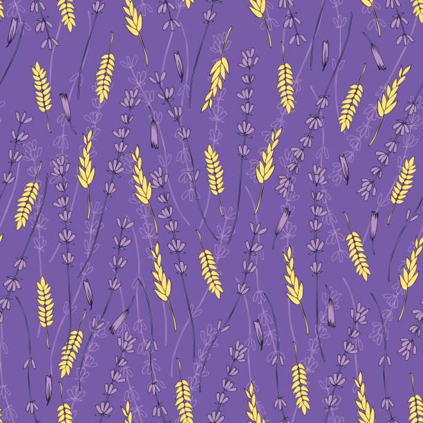 ilustrações de stock, clip art, desenhos animados e ícones de seamless vector floral pattern, hand drawn colorful lavender flower, decorative texture, sketch isolated on purple background, design for wallpaper, textile, greeting card, wedding invite, cosmetic - leaf backgrounds spring green