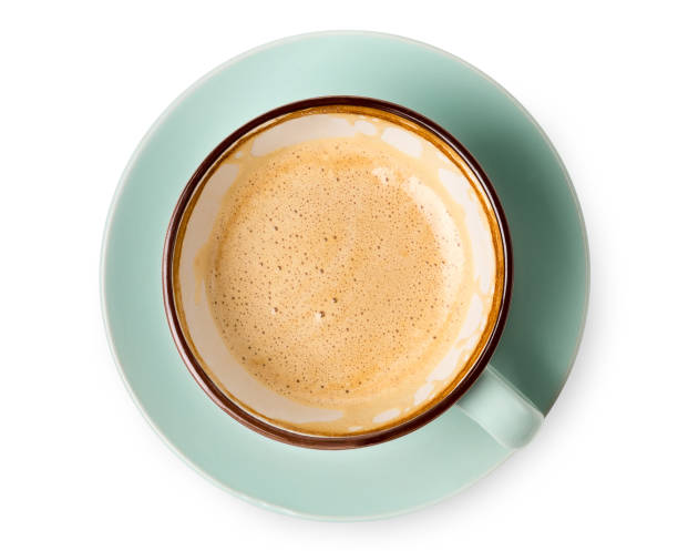 카푸치노 거품, 흰색 바탕에 커피 컵 평면도 - latté 뉴스 사진 이미지