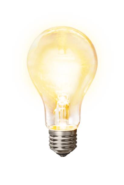 Inspiration. Glowing yellow light bulb on white light bulb photos stock pictures, royalty-free photos & images