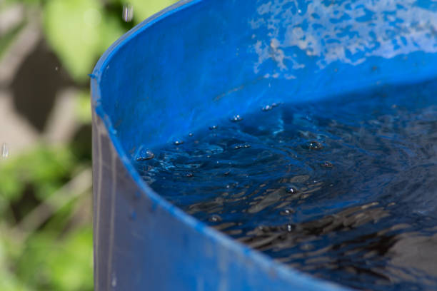 istock water pouring from roof to blue pot 694492004