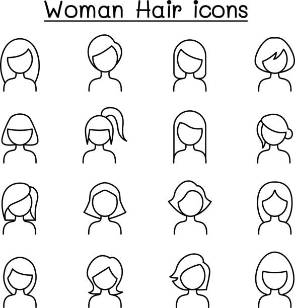 ilustrações de stock, clip art, desenhos animados e ícones de woman hair style icon set in thin line style - bangs fashion model women elegance